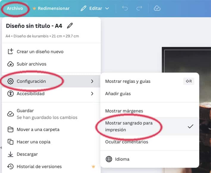 Opciones de descarga en Canva para exportar PDF con marcas de corte y sangrías