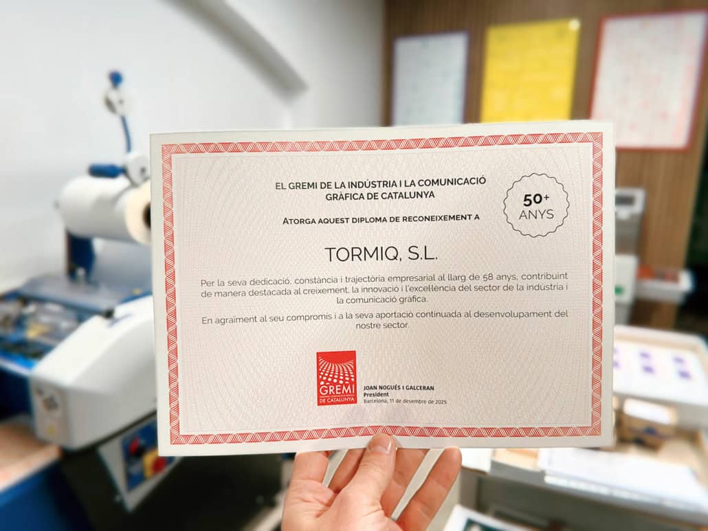 Diploma reconocimiento trayectoria Tormiq imprenta en Barcelona