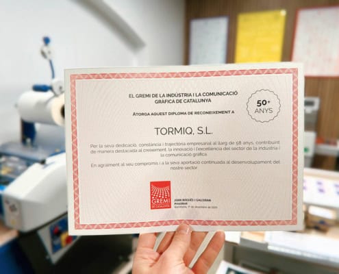 Diploma reconocimiento trayectoria Tormiq imprenta en Barcelona